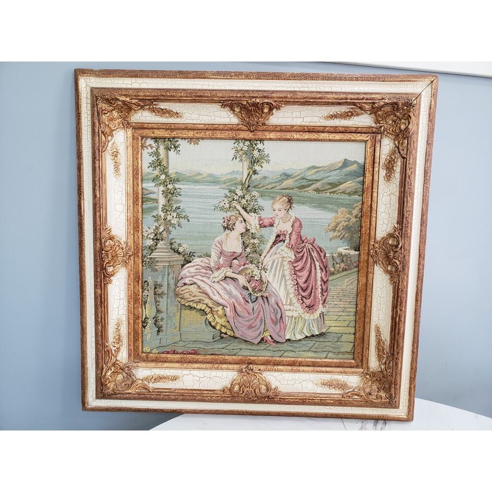 Vintage 1950's Framed Tapestry of 17th Century Scene Victorian Ladies French